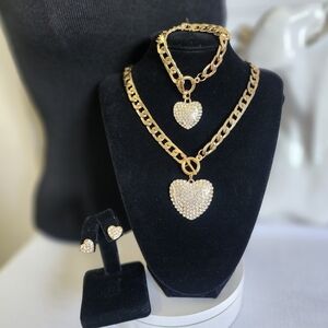 Gold Cuban Link Chain Neckace Bracelet Set with Toggle Clasp Heart Pendants Set